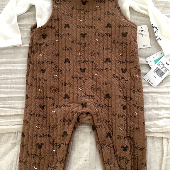 Mickey Mouse Brown Baby Overalls with White Long Sleeve 12M NWT - Picture 1 of 2